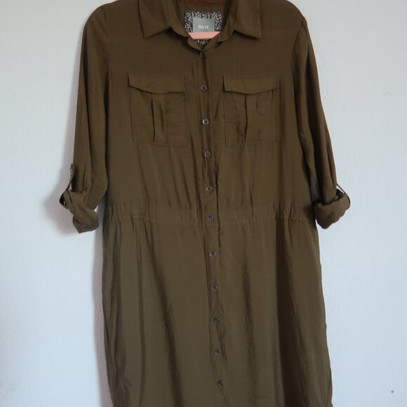 Anthropologie Maeve Olive Army Green Midi Drawstring Shirt Dress Size 4 Small - Picture 3 of 14
